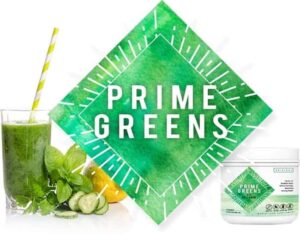 a bottle and a glass full of Prime Greens With Collagen, which is the best Foods That Reverse Aging