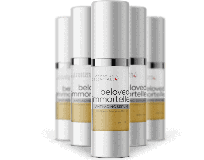 Six bottles of Beloved Anti-Aging Serum Croatian Essentials serum, which is the first best anti-aging moisturizer