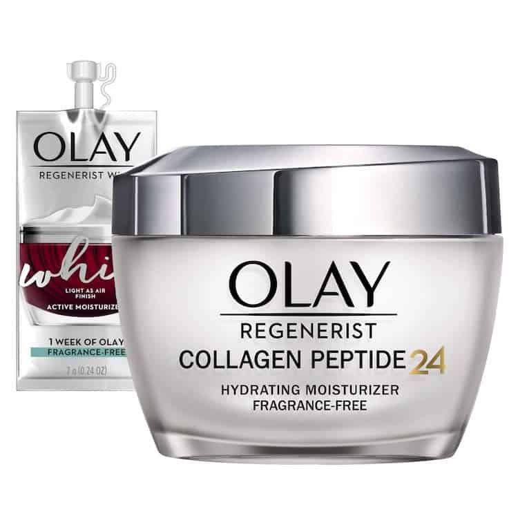 A bottle of Olay Regenerist Collagen Peptide 24 Face Moisturizer, which the fourteenth best anti-aging moisturizer
