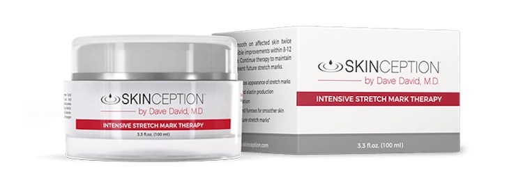 A bottle and a box of Skinception Intensive Stretch Mark Therapy, which is the sixth best anti-aging moisturizer