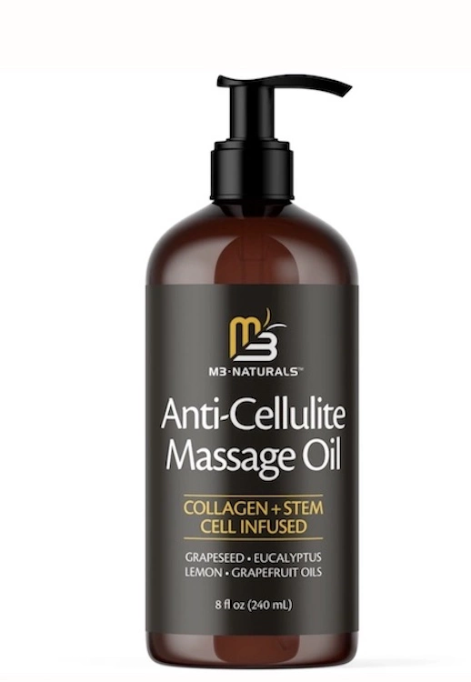 A black bottle of M3 Naturals Anti Cellulite Massage Oil in  a 240ml bottle to show its price